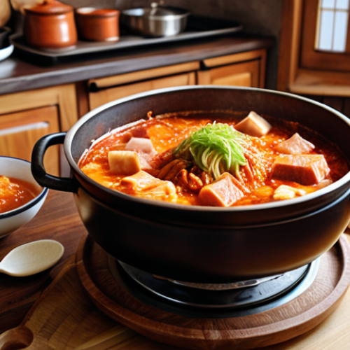Home 4 **Kimchi jjigae in a rustic kitchen**: A steaming pot of kimchi jjigae on a wooden table. Ingredients like kimchi, tofu, and pork are visible. The background shows a cozy Russian kitchen with traditional elements, like a samovar or painted wooden spoons.