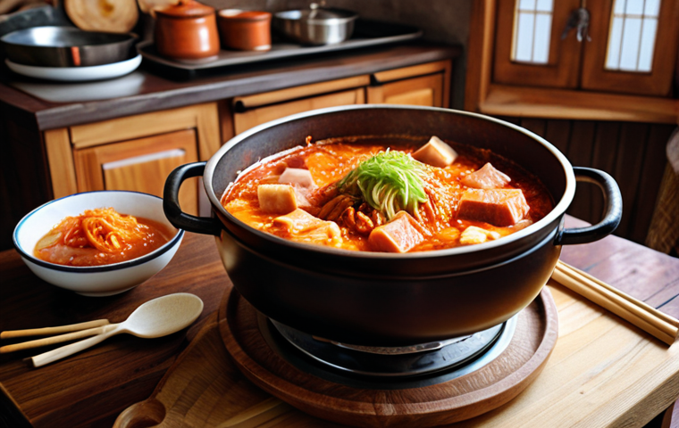 **Kimchi jjigae in a rustic kitchen**: A steaming pot of kimchi jjigae on a wooden table. Ingredients like kimchi, tofu, and pork are visible. The background shows a cozy Russian kitchen with traditional elements, like a samovar or painted wooden spoons.