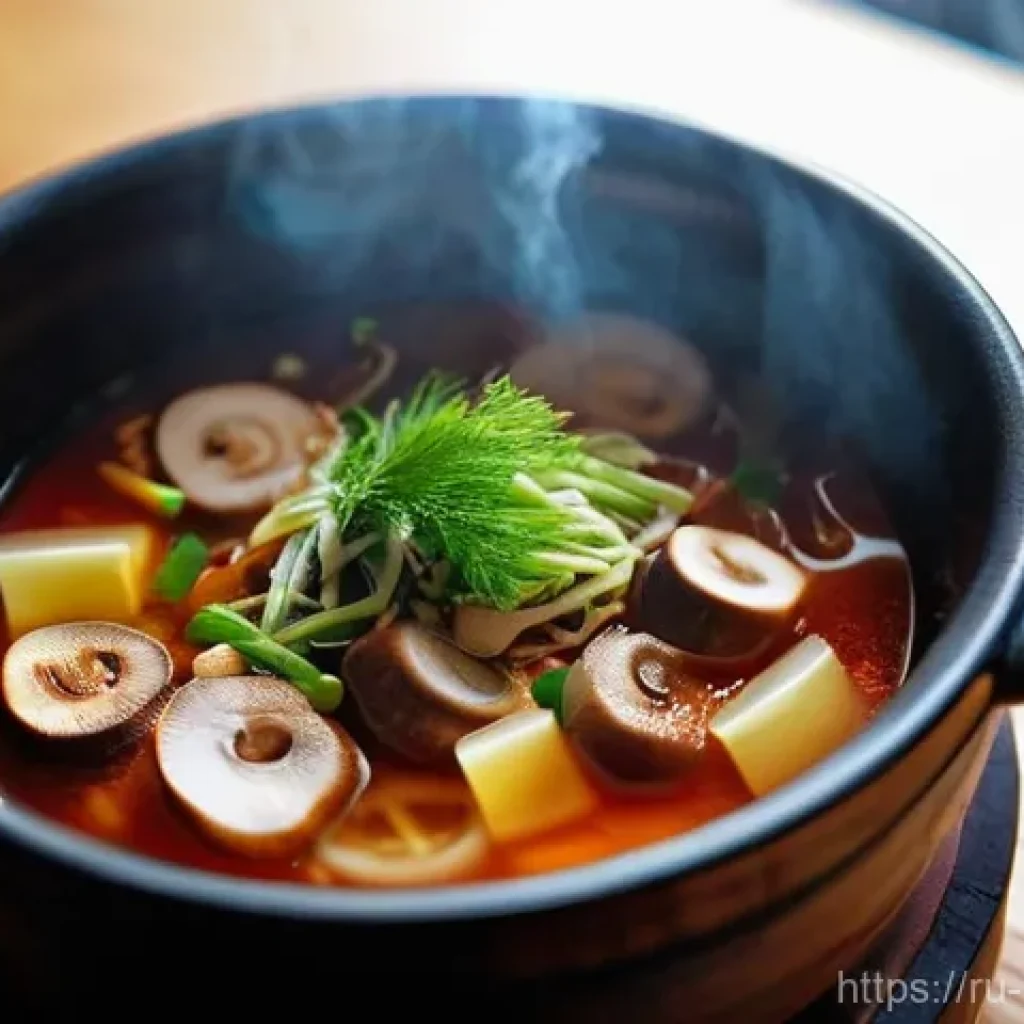 한국식 김치찌개 vs 퓨전 김치찌개 - **Prompt:** A close-up, highly detailed shot of a steaming earthenware pot (tteokbaegi) filled with ...