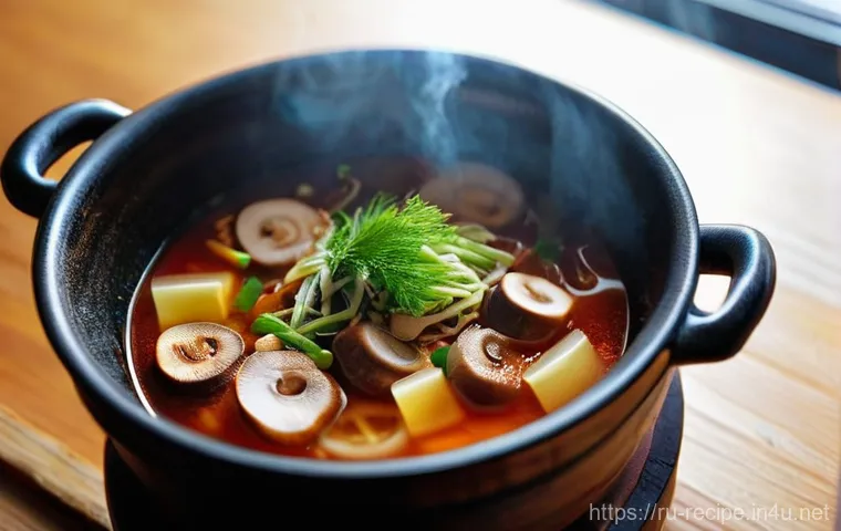 한국식 김치찌개 vs 퓨전 김치찌개 - **Prompt:** A close-up, highly detailed shot of a steaming earthenware pot (tteokbaegi) filled with ...