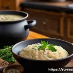 Home 14 김치찌개 남은 국물 활용 요리 - A cozy kitchen scene featuring a rustic wooden table with a steaming bowl of creamy risotto made fro...