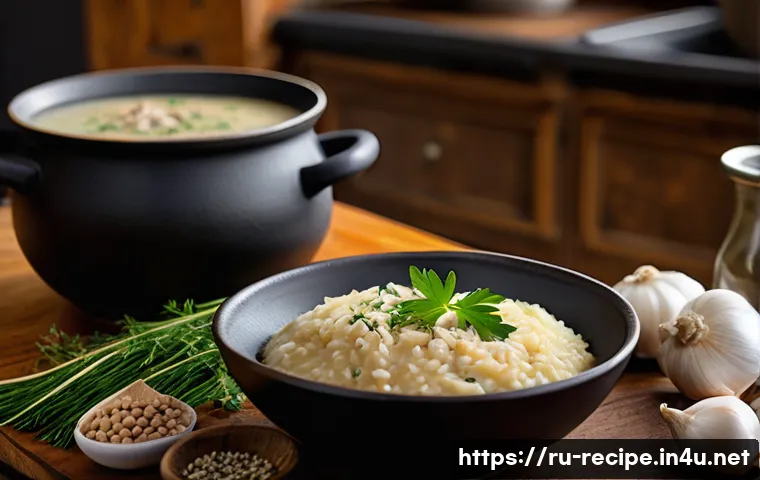 김치찌개 남은 국물 활용 요리 - A cozy kitchen scene featuring a rustic wooden table with a steaming bowl of creamy risotto made fro...