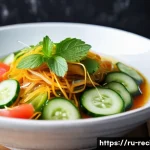Home 13 김치찌개와 어울리는 반찬 조합 - A vibrant, close-up image of a refreshing cucumber salad served in a rustic ceramic bowl, featuring ...