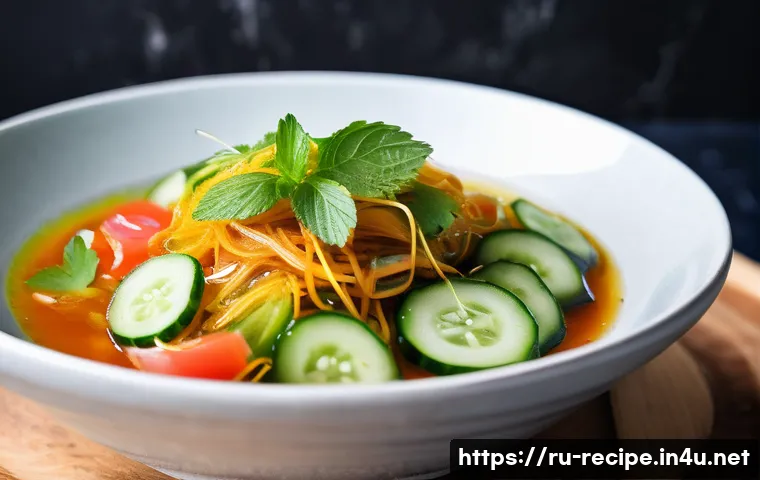 김치찌개와 어울리는 반찬 조합 - A vibrant, close-up image of a refreshing cucumber salad served in a rustic ceramic bowl, featuring ...