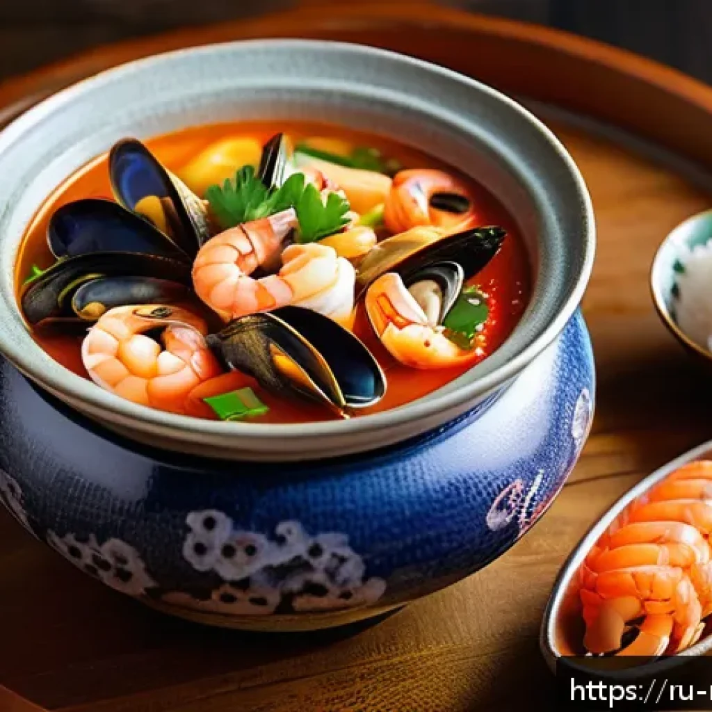 김치찌개와 해물의 조화 - A steaming hot bowl of kimchi jjigae with assorted seafood including shrimp, squid rings, mussels, a...