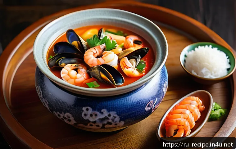 김치찌개와 해물의 조화 - A steaming hot bowl of kimchi jjigae with assorted seafood including shrimp, squid rings, mussels, a...