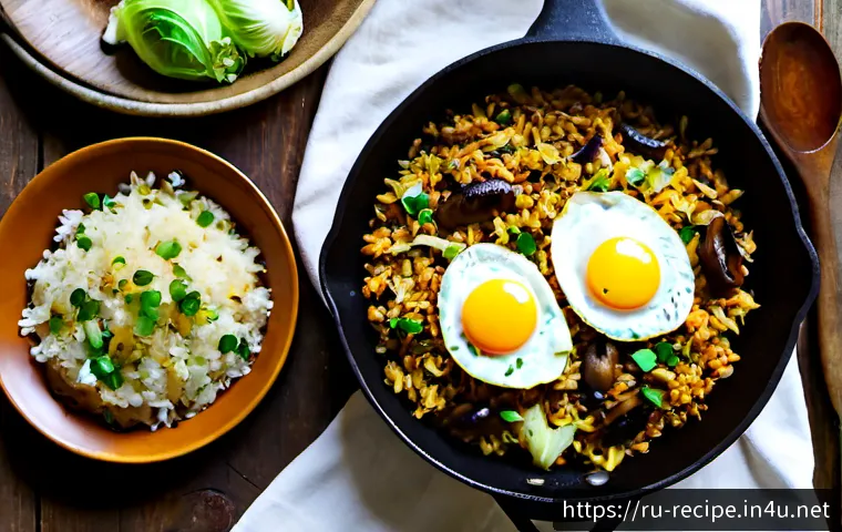 Home 14 남은 김치찌개를 활용한 볶음밥 - Photorealistic overhead view of a cast-iron skillet filled with vibrant fried rice made from leftove...