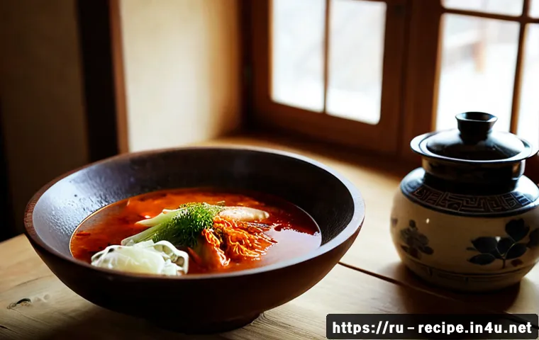 Home 13 김치찌개의 어원과 역사 - Photorealistic food-history scene in a warm traditional Korean home kitchen, a steaming earthenware ...